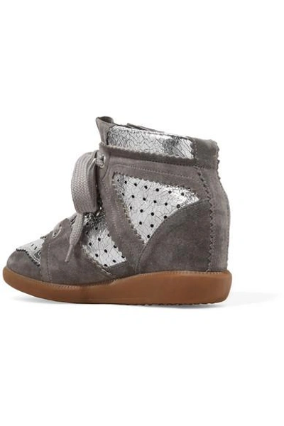 Shop Isabel Marant Bobby Perforated Metallic Leather And Suede Wedge Sneakers