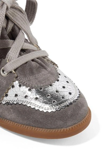 Shop Isabel Marant Bobby Perforated Metallic Leather And Suede Wedge Sneakers