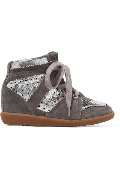 Shop Isabel Marant Bobby Perforated Metallic Leather And Suede Wedge Sneakers