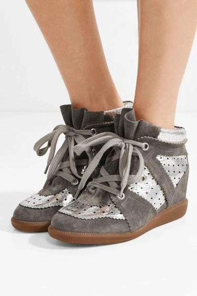 Shop Isabel Marant Bobby Perforated Metallic Leather And Suede Wedge Sneakers