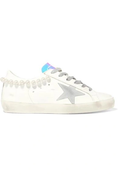 Shop Golden Goose Superstar Embellished Distressed Leather Sneakers