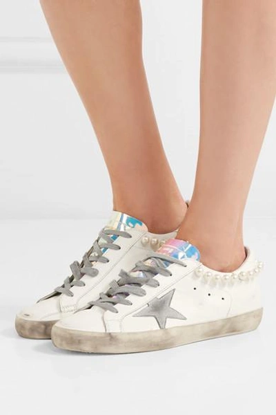 Shop Golden Goose Superstar Embellished Distressed Leather Sneakers