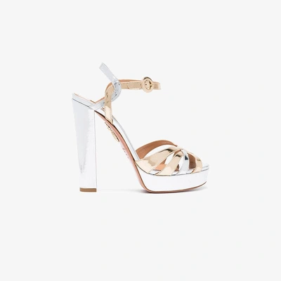 Shop Aquazzura Metallic Love Affair Plateau 130 Leather Sandals