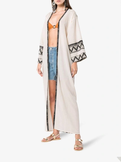 Shop Celia Dragouni Zig Zag Embroidered Cotton Kaftan Jacket In Nude&neutrals