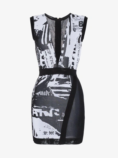 Shop Balmain Sleeveless News Intarsia Mini Dress In Black