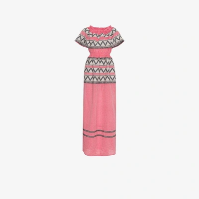 Shop Celia Dragouni Off The Shoulder Embroidered Cotton Dress In Pink&purple