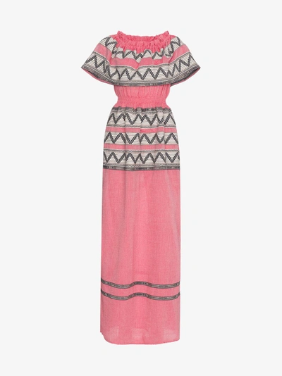 Shop Celia Dragouni Off The Shoulder Embroidered Cotton Dress In Pink&purple