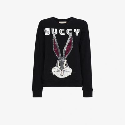 Shop Gucci Bugs Bunny Embellished Guccy Sweatshirt In Black