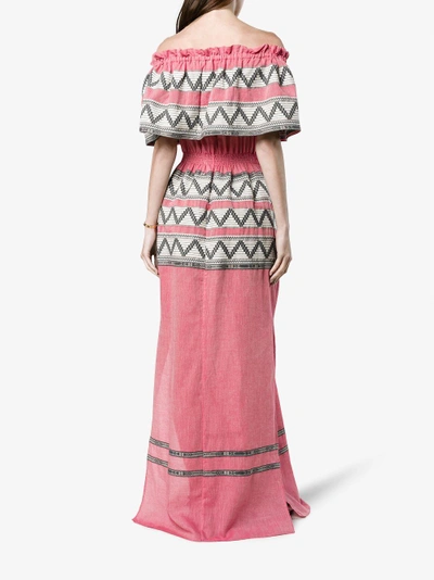 Shop Celia Dragouni Off The Shoulder Embroidered Cotton Dress In Pink&purple