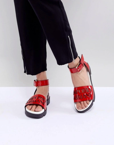 Shop Emporio Armani Logo Leather Sandal With Wrap Angle Buckle - Red