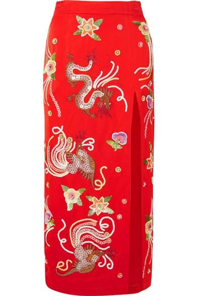 Shop Attico Embellished Satin Midi Skirt In Red