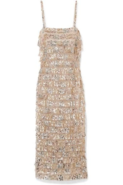 Shop Monique Lhuillier Tiered Sequin-embellished Tulle Midi Dress In Silver