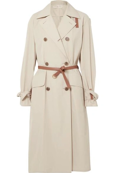 Shop Tory Burch Mariella Belted Leather-trimmed Poplin Trench Coat