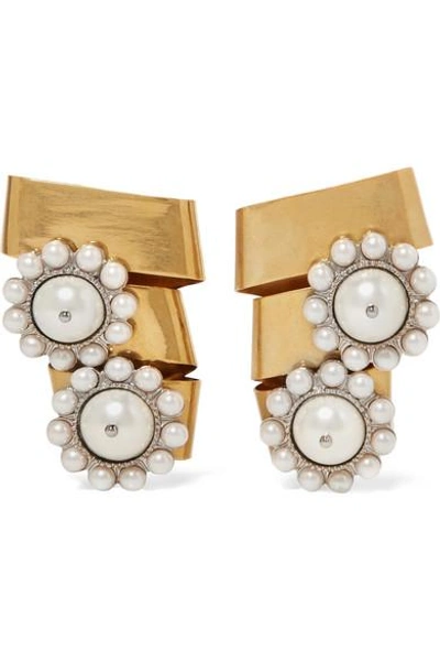 Shop Miu Miu Gold-plated Crystal And Faux Pearl Clip Earrings