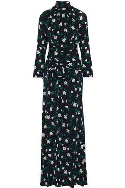 Shop Carolina Herrera Woman Open-back Floral-print Ruched Silk-crepe De Chine Gown Black