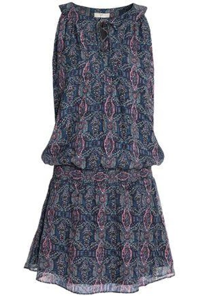 Shop Joie Woman Shirred Printed Silk-blend Crepe De Chine Mini Dress Navy
