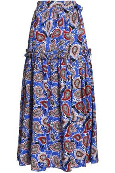 Shop Dodo Bar Or Woman Pleated Printed Silk Crepe De Chine Maxi Skirt Blue