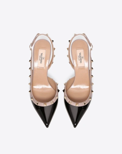 Shop Valentino Garavani Rockstud Patent-leather Slingback Pump 85 Mm In Black/poudre