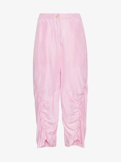 Shop By Walid Silk High Waisted Ruched Trousers In Pink&purple