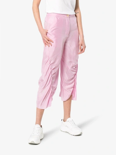 Shop By Walid Silk High Waisted Ruched Trousers In Pink&purple