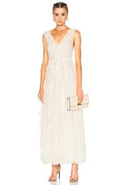 Shop Valentino Glittery Flowers Chiffon Ruffle Gown In White