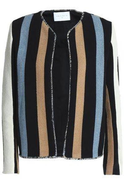Shop Sandro Woman Striped Cotton-blend Jacquard Jacket Blue