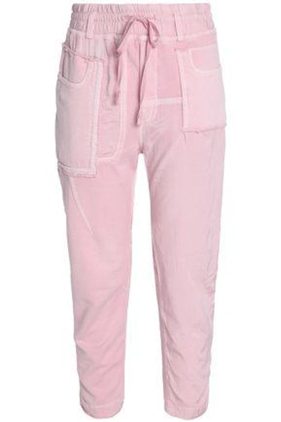 Shop Haider Ackermann Cropped Frayed Twill-paneled Cotton-terry Track Pants In Baby Pink