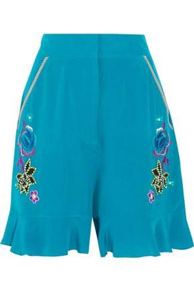 Shop Matthew Williamson Woman Bead-embellished Embroidered Silk Shorts Turquoise