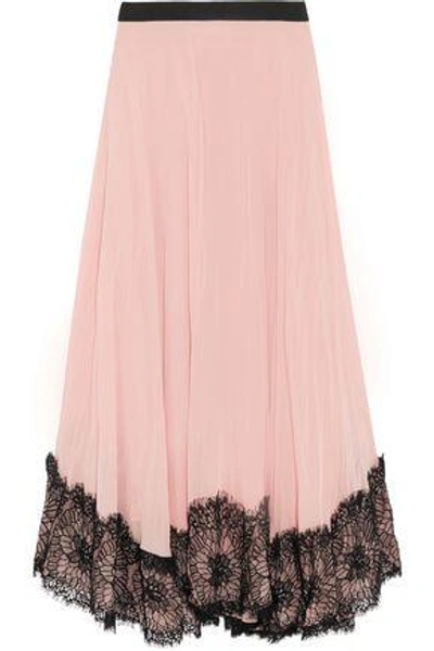 Shop Cinq À Sept Woman Kaya Lace-trimmed Pleated Crepe De Chine Midi Skirt Pastel Pink