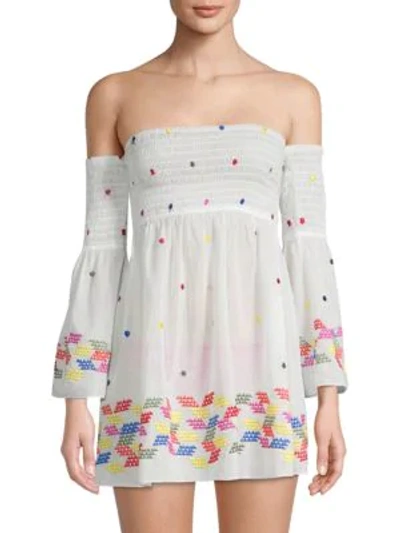 Shop Milly Off-the-shoulder Rainbow Smocked Top In Multi