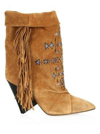 Shop Isabel Marant Lesten Embroidered Suede Boots In Terracotta