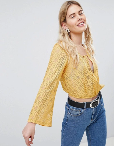 Shop New Look Tie Front Long Sleeve Lace Top-yellow