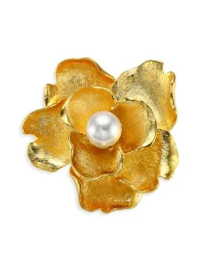 Shop Kenneth Jay Lane Faux-pearl Flower Brooch In Yellow Gold