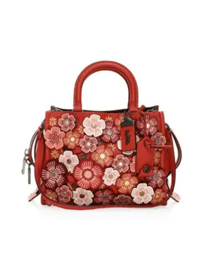 Shop Coach Rose Applique Pebble Leather Shoulder Bag In Apple Red