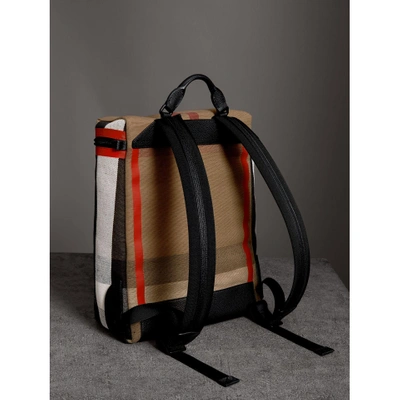 Shop Burberry Zip-top Leather Trim Canvas Check Backpack In Military Red/camel