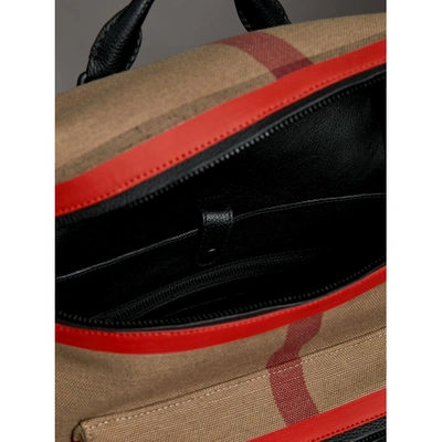 Shop Burberry Zip-top Leather Trim Canvas Check Backpack In Military Red/camel