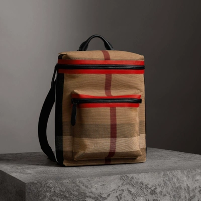 Shop Burberry Zip-top Leather Trim Canvas Check Backpack In Military Red/camel