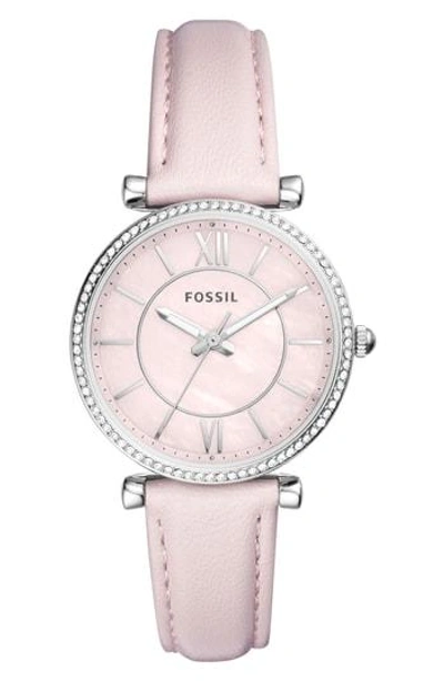 Shop Fossil Carlie Leather Strap Watch, 35mm In Pink/ Silver
