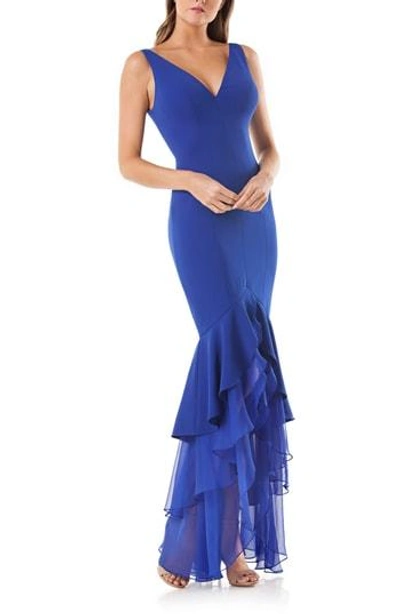 Shop Carmen Marc Valvo Infusion Tiered Mermaid Gown In Cobalt