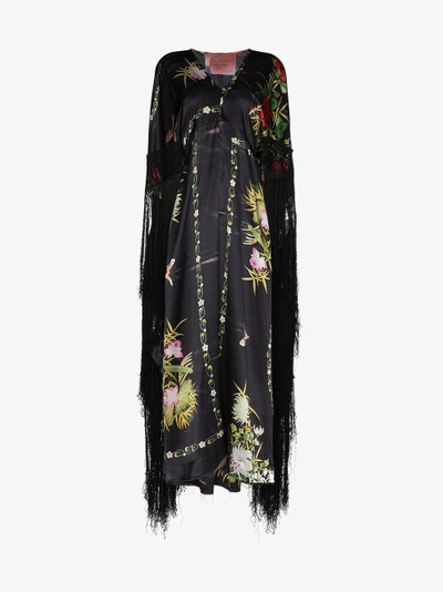 Shop By Walid Silk Floral Fringed Dress In Black