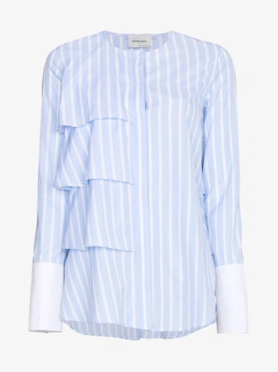 Shop Monographie Ruffle Stripe Long Sleeve Shirt In Blue