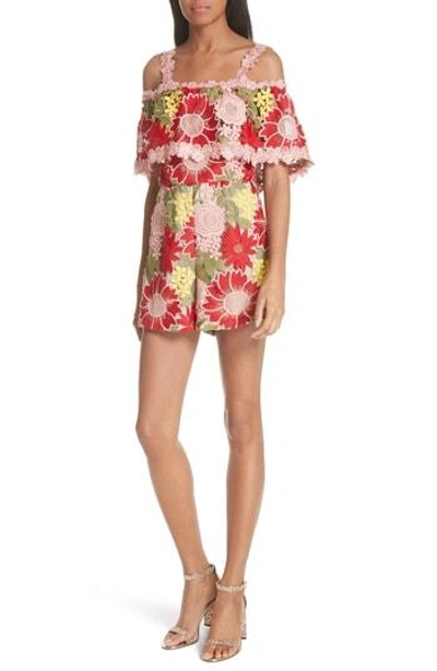 Shop Alice And Olivia Anelle Lace Ruffle Romper In Multi