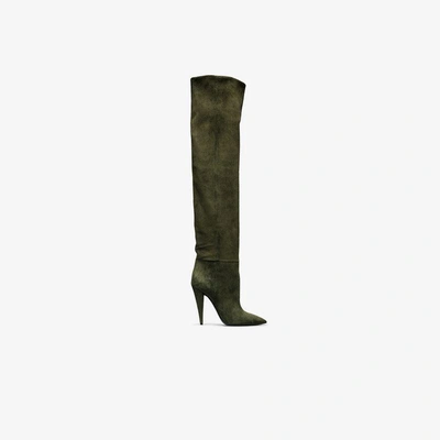 Shop Saint Laurent Green Era 110 Suede Ruched Knee Boots