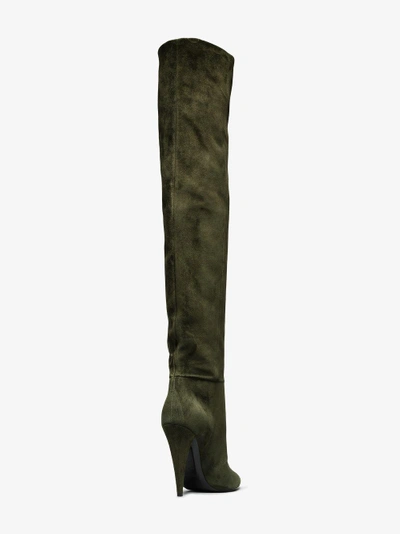 Shop Saint Laurent Green Era 110 Suede Ruched Knee Boots