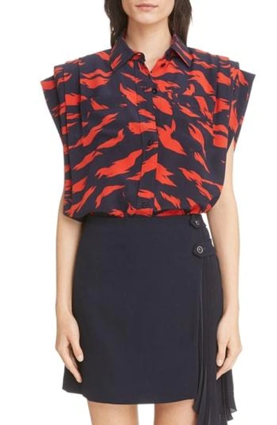 Shop Givenchy Tiger Print Silk Blouse In Navy/ Red