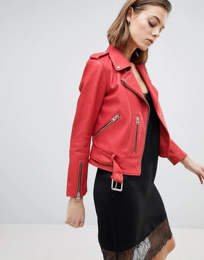 Shop Allsaints Belted Leather Jacket - Red