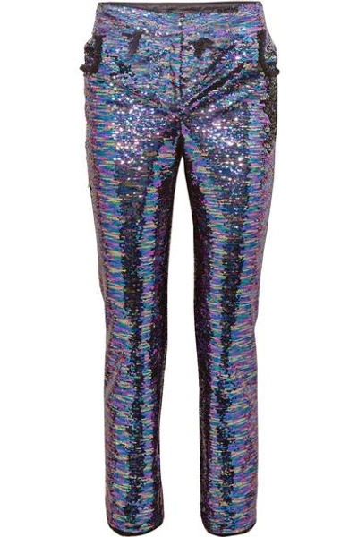 Shop Balmain Sequined Frayed Crepe Straight-leg Pants In Violet