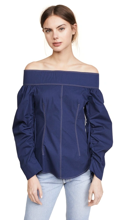 Shop Cedric Charlier Shirting Off Shoulder Top In Blue