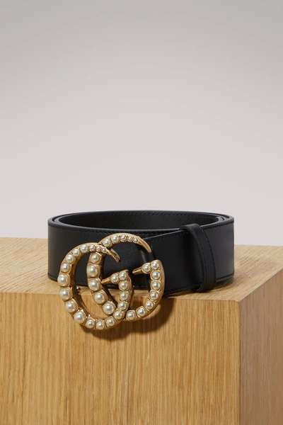 Shop Gucci Leather Belt With Pearl Double G In Black