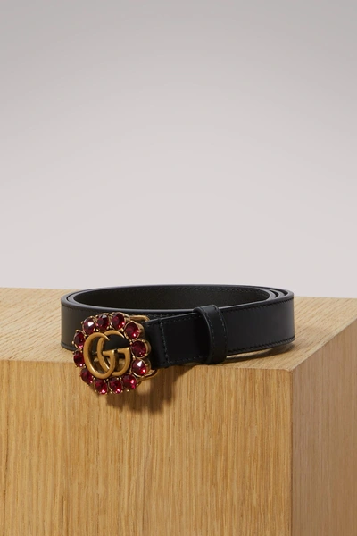 Shop Gucci Leather Belt With Double G And Crystals In Black/rubi